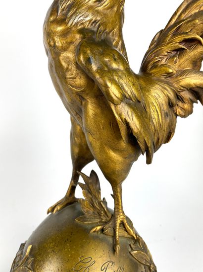 null Charles PAILLET (1871-1937) Coq chantant Bronze doré Fondeur F. BARBEDIENNE...