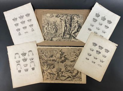 null DRAWING CARDBOARD including old engravings in black and in color (XVIIth and...