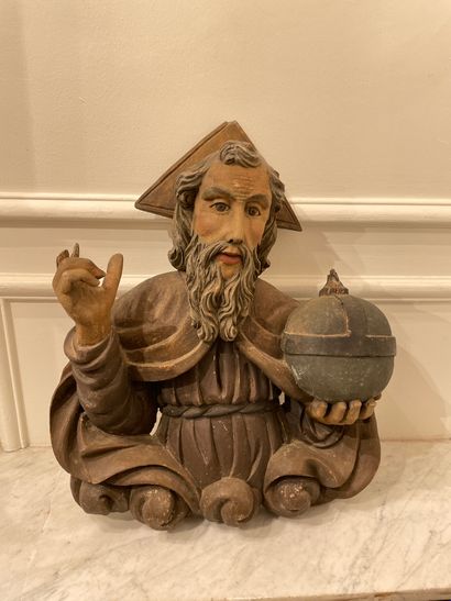 null GOD THE FATHER in carved and polychromed wood. He holds the globe with his left...