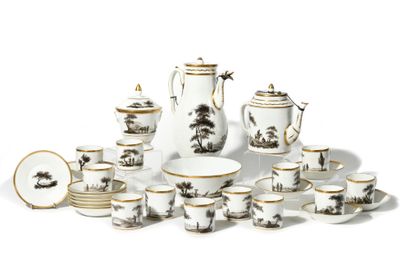 null BRUSSELS White and gold porcelain tea and coffee set with black camaieu decoration...