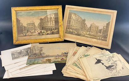 null CARTON A DESSINS comprenant des gravures anciennes en noir et en couleur (XVIIe...