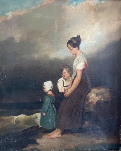 null ECOLE FRANCAISE du XIXème siècle Trois enfants en bord de mer. Huile sur toile....
