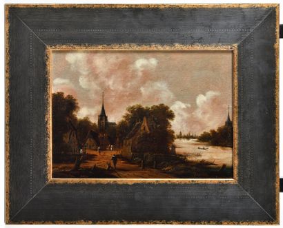 null Jan MEERHOUT (1633-1677) Paysage animé au clocher Huile sur panneau de chêne...