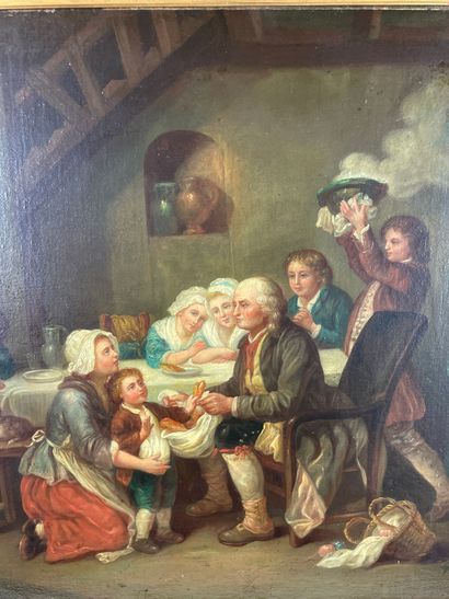 null ECOLE FRANCAISE du XIXème siècle Repas de famille Huile sur toile 54 x 73 c...