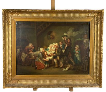 null ECOLE FRANCAISE du XIXème siècle Repas de famille Huile sur toile 54 x 73 c...
