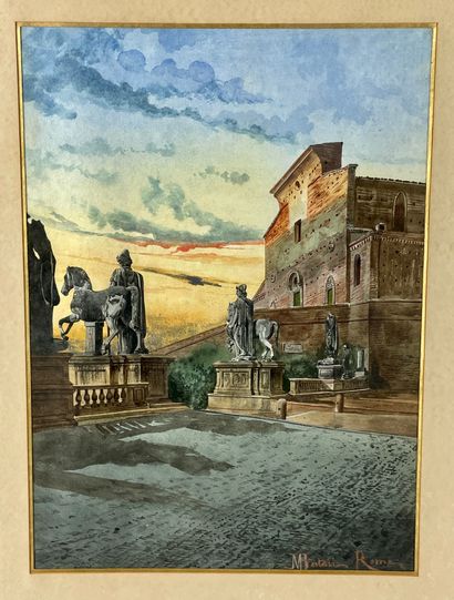 null Massimiliano BERTOZZI (XIX) Views of Rome Pair of watercolors signed lower left...