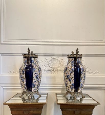 null KELLER & GUERIN - LUNEVILLE Pair of enamelled ceramic vases decorated with cornflowers...