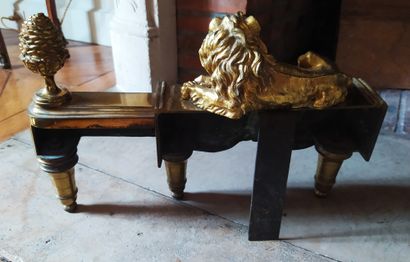 null Pair of ormolu lions lying on terraces topped with pine cones. Without the irons....