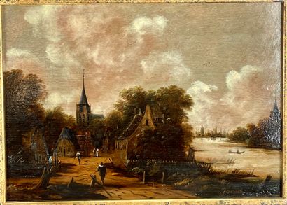 null Jan MEERHOUT (1633-1677) Paysage animé au clocher Huile sur panneau de chêne...