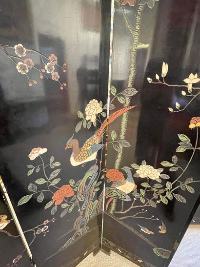 null CHINA Six-panel double-sided Coromandel lacquer screen decorated with birds...