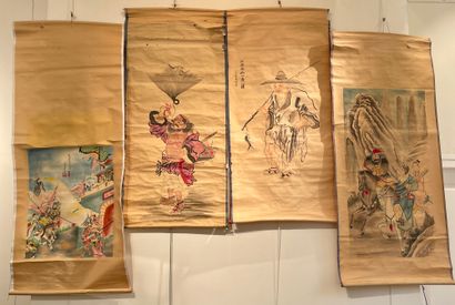  CHINA Four scrolls on paper with painted scenes. Early 20th century (Some tears...