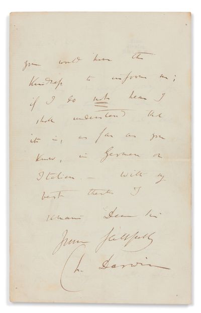 null DARWIN (Charles). Lettre autographe signée, en anglais, [à l'ingénieur allemand...