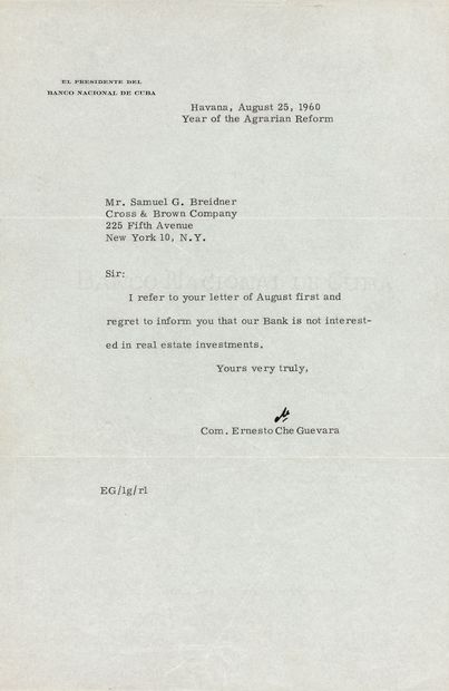  GUEVARA (Ernesto). Lettre signée « Che », en anglais, à Samuel G. Breidner de la...