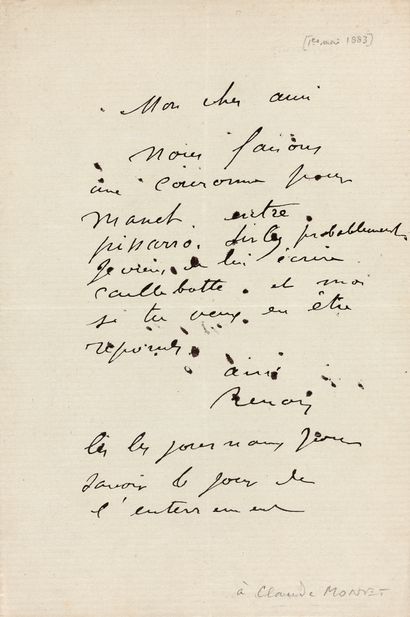 null RENOIR (Auguste). Lettre autographe signée [À CLAUDE MONET]. [1883]. 1 p. in-8,...