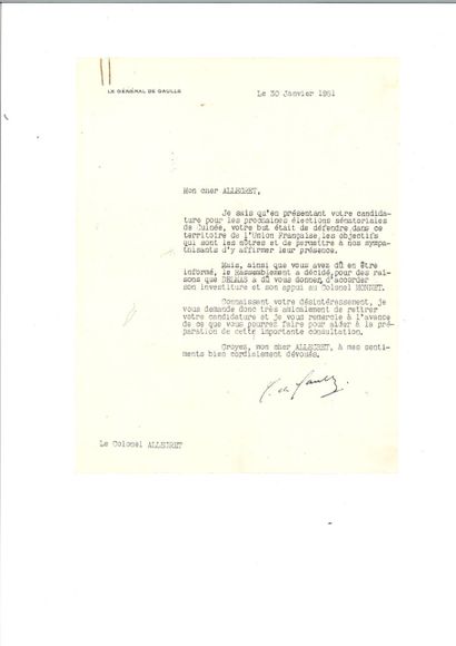 null GAULLE (Charles de). Lettre signée à Éric Allegret. S.l., 30 janvier 1951. 1...