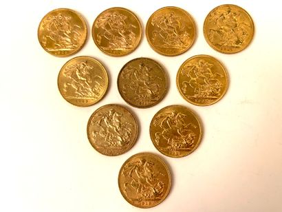 null 10 GOLDEN PIECES, British sovereign, 1881, 1888, 1907, 1910, 1913, 1915, 1925,...