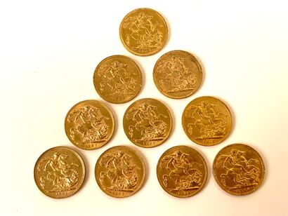  10 PIECES Gold, British sovereign, 1891, 1896, 1908, 1909, 1913, 1925, 1927, 1931,...