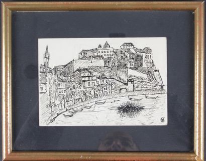 null Michel CIRY (1919 - 2019), "Village en bord de mer", black felt pen drawing...