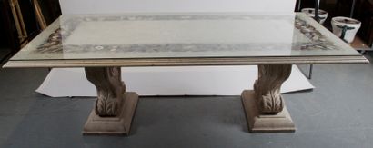 null GRANDE TABLE DE SALLE À MANGER RECTANGULAIRE, plateau de marbre avec incrustations...