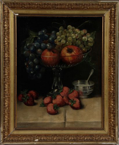 null J. LEROY, French school of the 19th century. "Still life with a fruit bowl"...