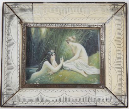 null ECOLE OF THE END OF THE 19th CENTURY. "The Bathers" Miniature bearing a signature...