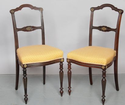 null Pair of LOUIS XVI STYLE CHAIRS, with openwork back, in molded mahogany and bronze...