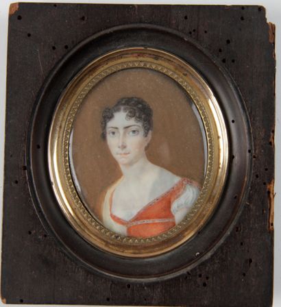 null "PORTRAIT OF A YOUNG GIRL IN A RED DRESS" Oval miniature, period: 19th century....