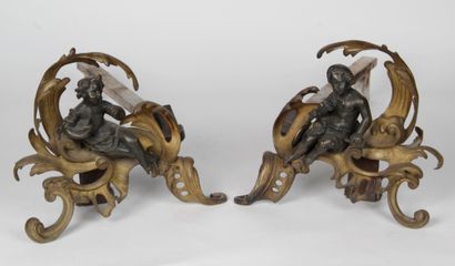 null PAIR OF CHENETS in gilt bronze and shaded brown patina, decorated with acanthus...