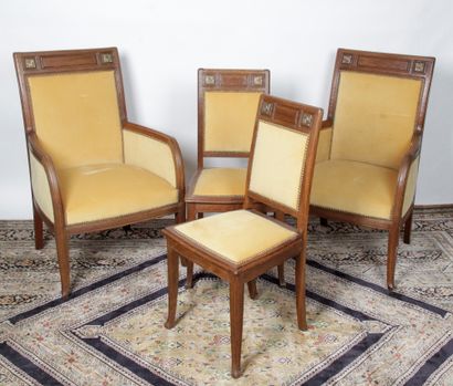 null TWO ARMCHAIRS AND TWO CHAIRS with straight backs, art-nouveau period, in oak,...