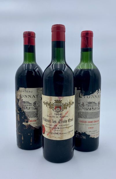 null 3 bouteilles : 2 CHÂTEAU LYONNAL 1959 Lussac Saint-Emilion, 1 CHÂTEAU LES 3...