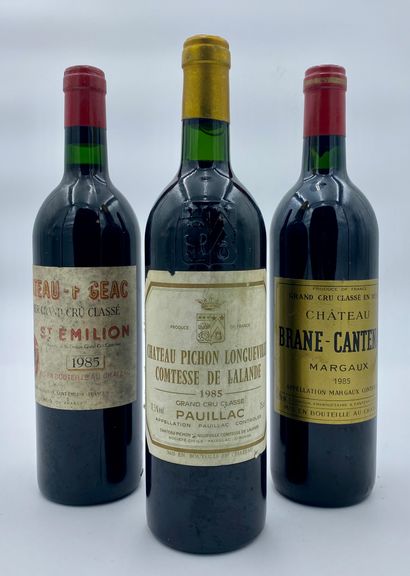 null 3 bouteilles : 1 CHÂTEAU FIGEAC 1985, 1 CHÂTEAU PICHON COMTESSE DE LALANDE 1985,...
