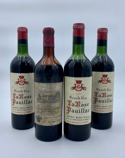 null 4 bouteilles : 3 LA ROSE PAUILLAC 1959 Pauillac, 1 CHÂTEAU HAUT GRAND FAURIE...