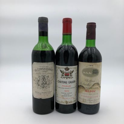 null 3 bouteilles : 1 CHÂTEAU LA CONSEILLANTE 1970 Pomerol, 1 CHÂTEAU GAUDIN 1972...