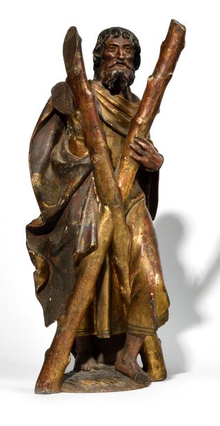 SAINT ANDRE in carved wood, polychromed and...