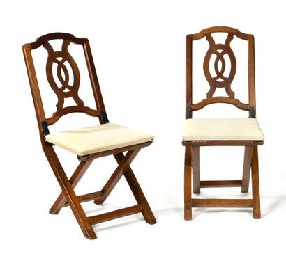 Pair of walnut folding chairs, with openwork...