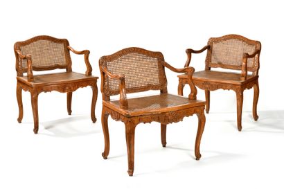 null RARE SET OF SIX LOW BACKED CHAIRS in natural wood finely carved with foliage....
