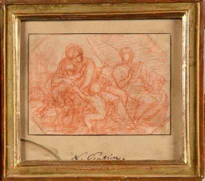null 17th CENTURY FRENCH SCHOOL The Holy Family Sketch in red chalk and pencil, pasted...