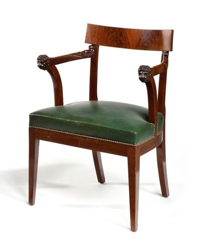 null OFFICER'S CHAIR in mahogany, the back with a band, the recessed armrests with...