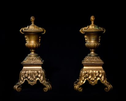  A RARE PAIR OF GILLS in chased and gilded bronze presenting Medici vases with pine...