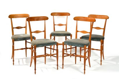 null SET OF FIVE FLIPPING CHAIRS in natural wood with openwork back and baluster...