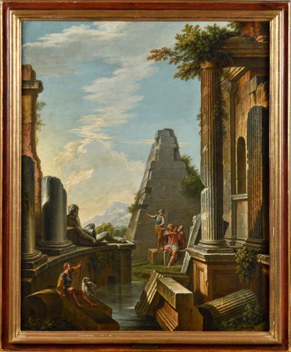 null IN THE GOUT OF PANNINI Soldiers in ancient ruins Pair of paintings Height: 81...
