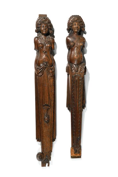 null TWO Mounts in wood carved in high relief representing caryatids with large headdresses....