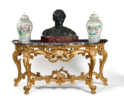 null LARGE gilded wood CONSOLE TABLE with openwork decoration of shells, foliage...