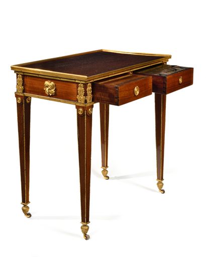 null Rectangular satin mahogany veneer WRITING TABLE, opening with two drawers on...