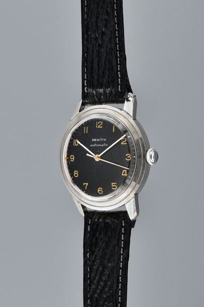 null ZENITH De Ville. N°8653259. Circa 1950. Steel wristwatch, signed gilt black...