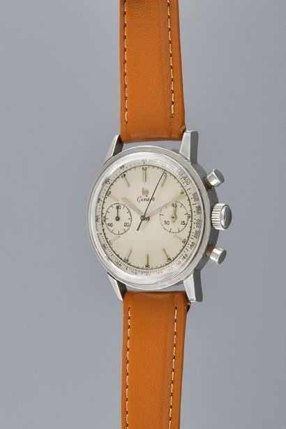 null 
LIP GENEVE

Chronographe.

N° 990831.

Vers 1960.

Montre bracelet en acier,...