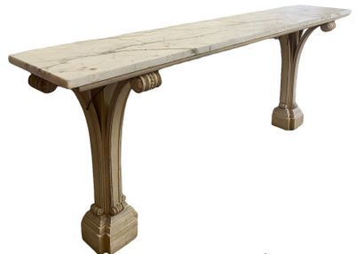 null LARGE CONSOLE in cream colored wood with double base carved in volutes. White...