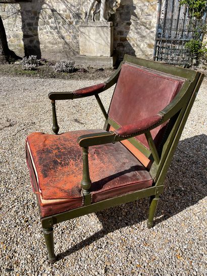 null RARE TRANSFORMABLE ARMCHAIR in green relacquered wood with a square back, the...