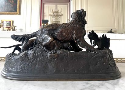 null Pierre-Jules MÈNE (1810-1879) Partridge hunt Large bronze with brown patina...