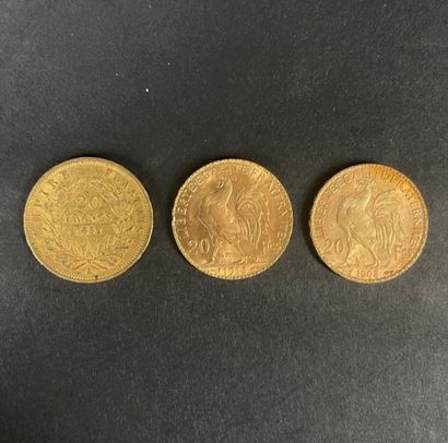 null 
FRANCE

3 pièces 20 francs or (une Napoléon III et deux Marianne)

Poids :...